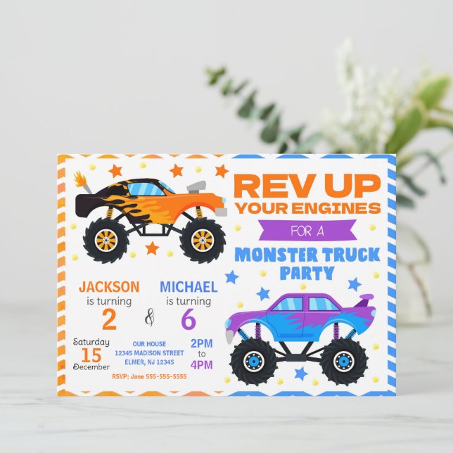 Convite Monster Truck Joint Birthday Invitation Siblings (Em pé/Frente)