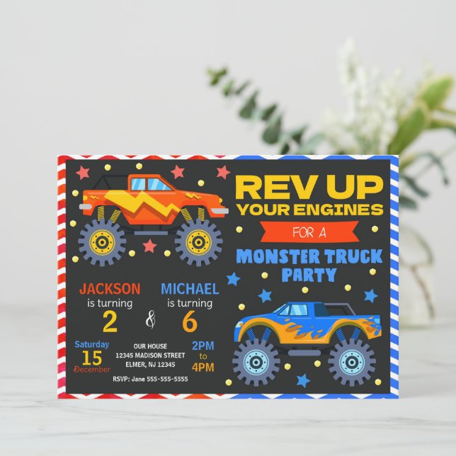 Convite Monster Truck Joint Birthday Invitation Siblings (Em pé/Frente)