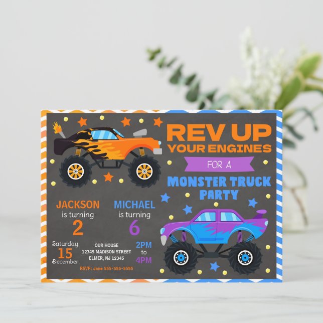 Convite Monster Truck Joint Birthday Invitation Siblings (Em pé/Frente)