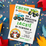 Convite Monster Truck Kids Birthday Party<br><div class="desc">Monster Truck Kids Birthday Party - Start your engines and crush on over to a monster truck party! It all ramps up with this awesome heavy duty invitation. Featuring tough monster trucks on a chalkboard background. The back of the card features tyres marks on concrete. Just the right touch to...</div>