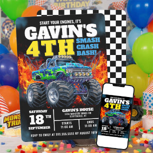 Convite Monster Truck Legal Azul 4º Aniversário Personaliz
