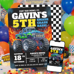 Convite Monster Truck Legal Blue 5 Birthday Personalizado
