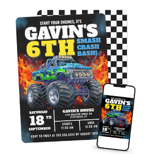 Convite Monster Truck Legal Blue 6 Birthday Personalizado