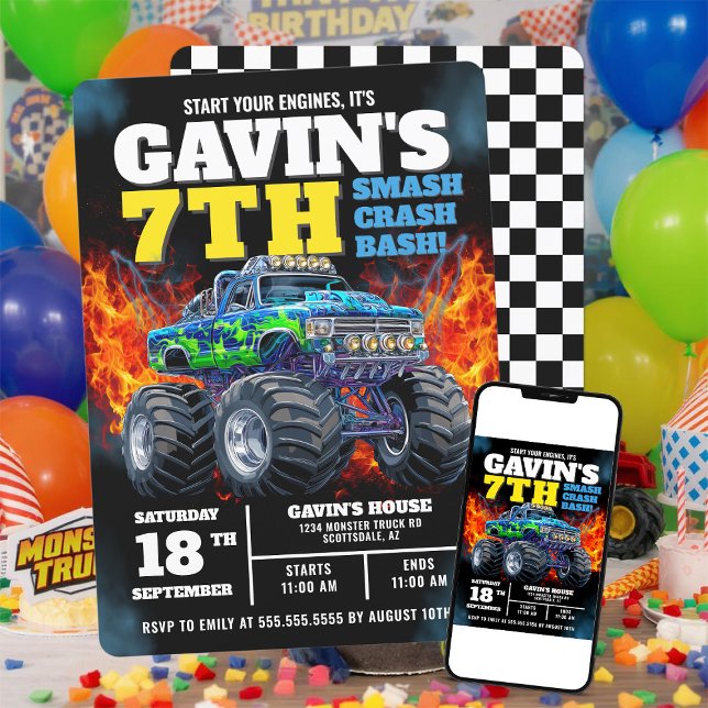 Convite Monster Truck Legal Blue 7 Birthday Personalizado (Criador carregado)