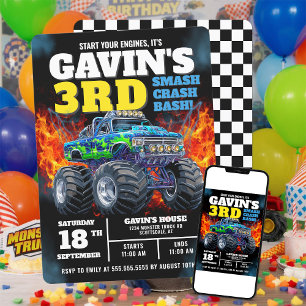 Convite Monster Truck Legal Blue aniversário de 3 anos Per