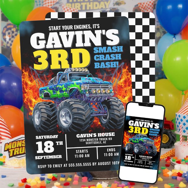 Convite Monster Truck Legal Blue aniversário de 3 anos Per (Criador carregado)