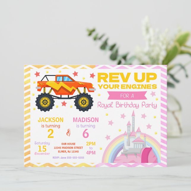 Convite Monster Truck & Princess Joint Birthday Invitation (Em pé/Frente)