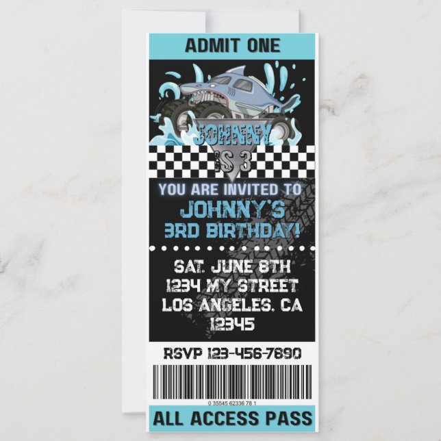 Convite Monster Truck Shark Invite (Frente)