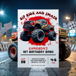 Convite Monster Truck Smash Red primeiro aniversario Party