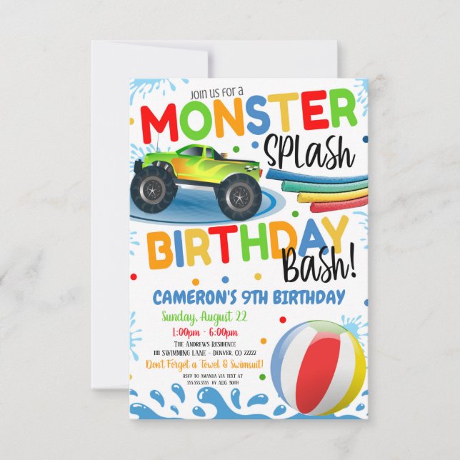 Convite Monster Truck Splash Birthday Bash Party (Frente)