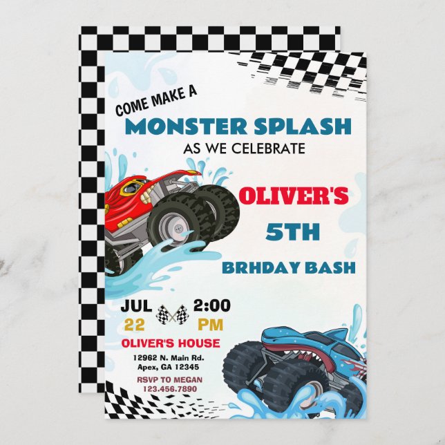 Convite Monster Truck Splash Birthday Bash Party (Frente/Verso)