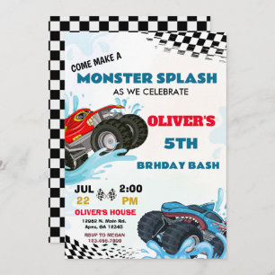 Convite Monster Truck Splash Birthday Bash Party