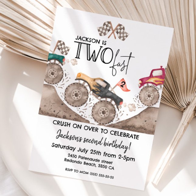Convite Monster Truck TWO FAST 2nd kids birthday (Monster truck two fast birthday invitation)