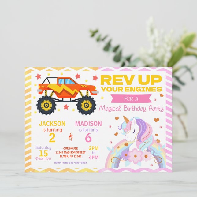 Convite Monster Truck & Unicorn Joint Birthday Invitation (Em pé/Frente)