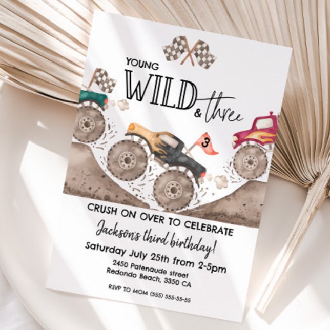 Convite Monster Truck YOUND WILD & THREE 3rd birthday kids (Young Wild and three monster truck birthday invitation)