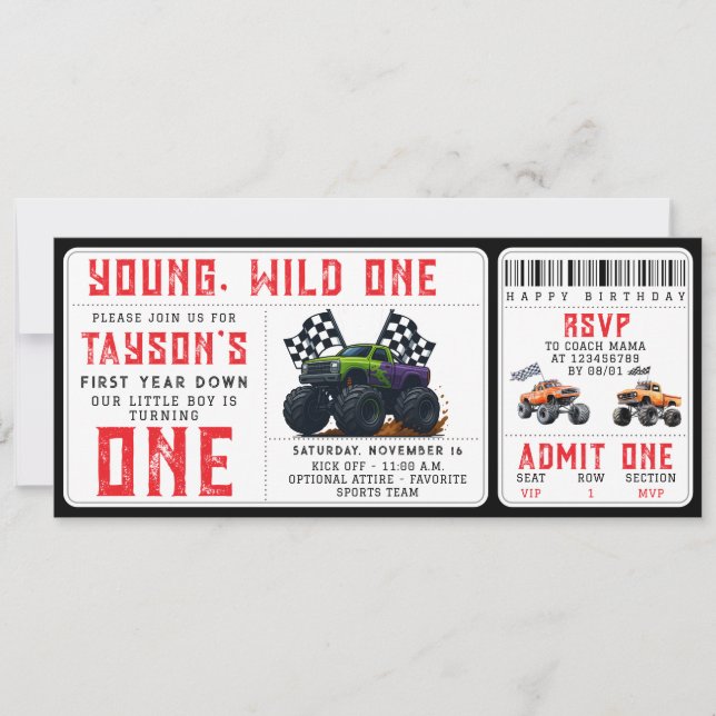Convite Monster Trucks 1st Birthday Ticket Invitation  (Frente)