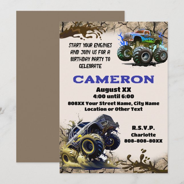 Convite Monster Trucks na Lama (Frente/Verso)