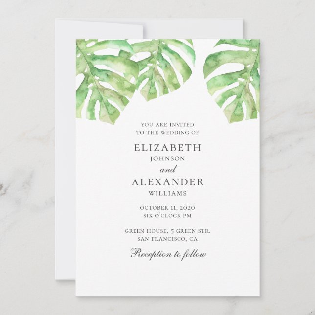 Convite Monstera. Aguarela de folhagens tropicais para cas (Frente)