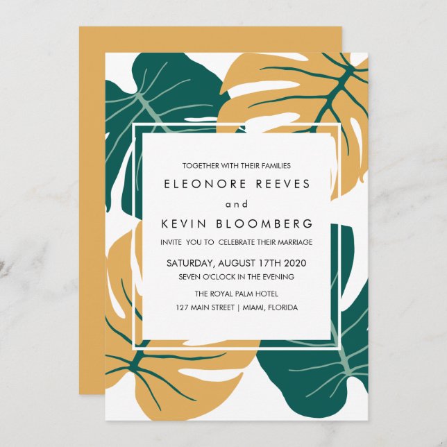 Convite Monstera | Amarelo | Casamento de quadros de folha (Frente/Verso)