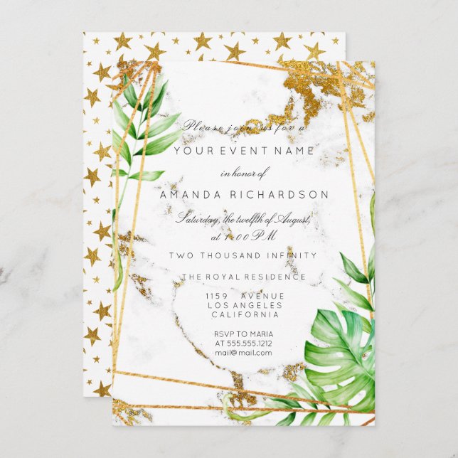Convite Monstera Frame Dourado Greenery Marble Estrelas Tr (Frente/Verso)