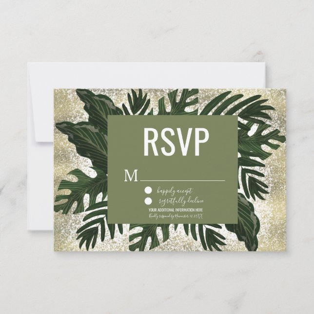 Convite Monstera Tropical Falso Splash Dourado RSVP (Frente)