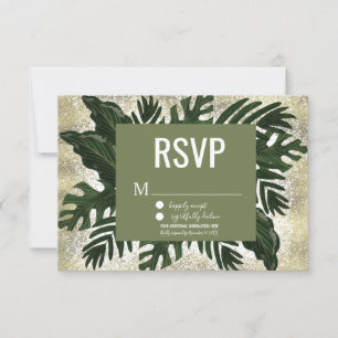 Convite Monstera Tropical Falso Splash Dourado RSVP