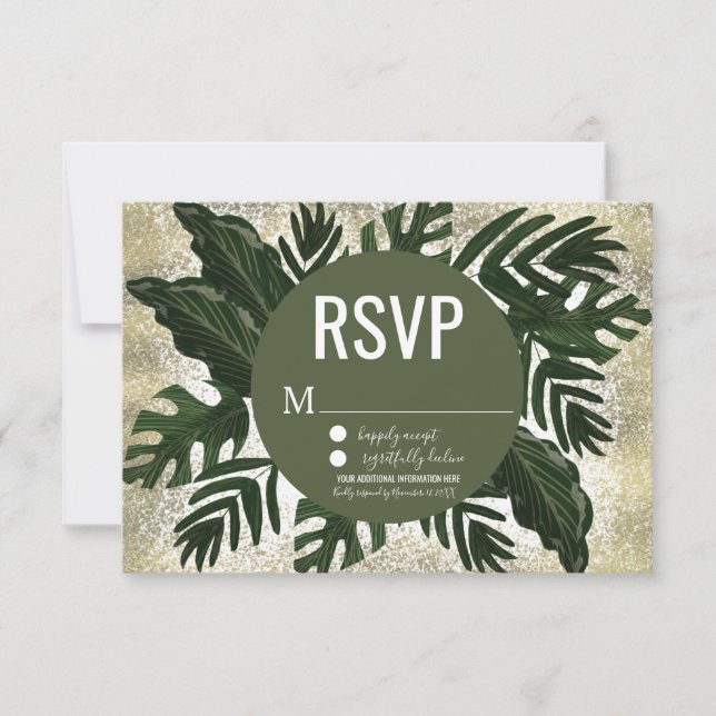 Convite Monstera Tropical Falso Splash Dourado RSVP (Frente)