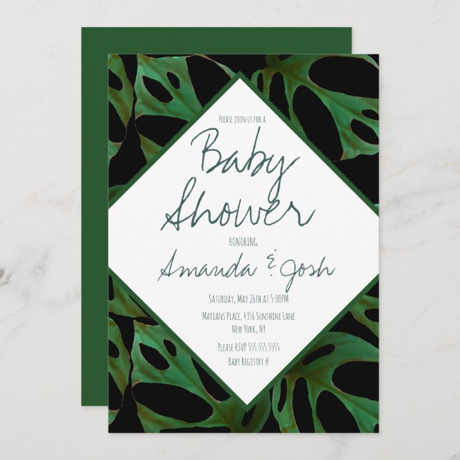 Convite Monstera Tropical Leaf Patterno Chá de fraldas Pre (Frente/Verso)