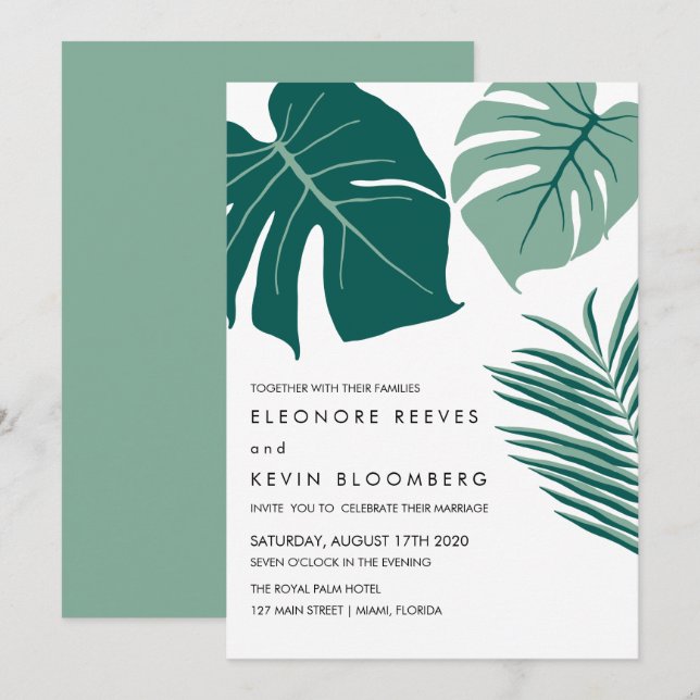 Convite Monstera | Verde | Casamento de Folhas Tropicais (Frente/Verso)