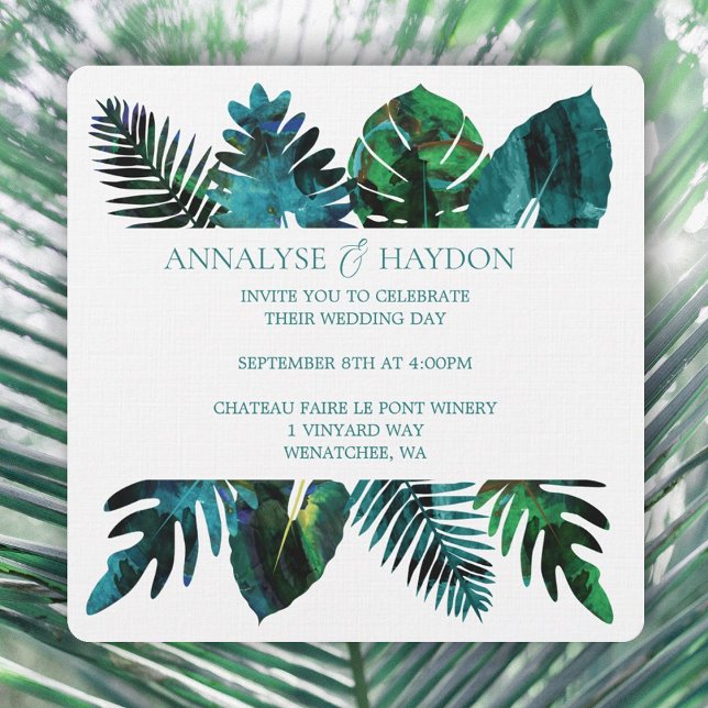Convite Monstera Verde-Folha-Tropical Deixa Casamento (tropical teal green island leaves wedding invitations, vibrant monstera leaves, ferns, & palm leaves)