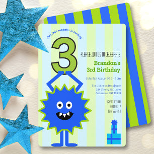 Convite Monstrinho Azul 3º Aniversário Menino Divertido Fo