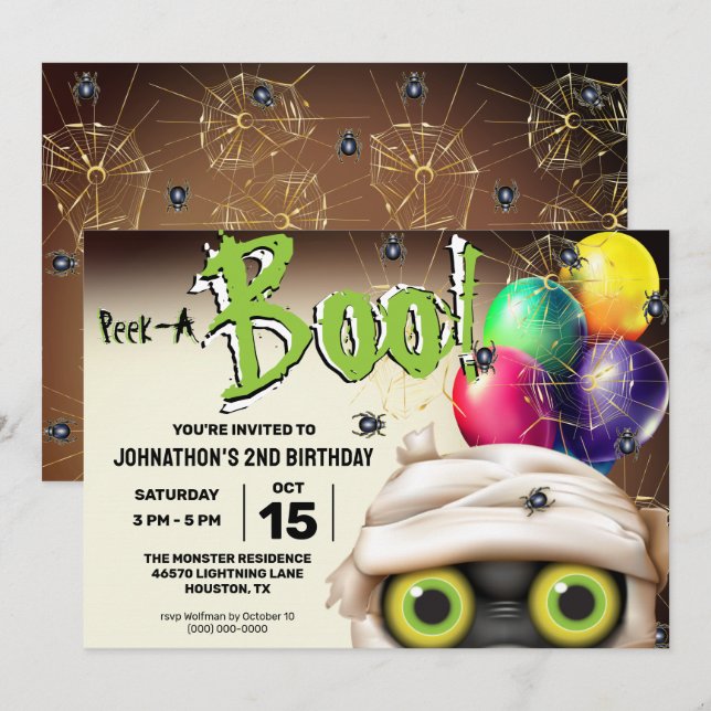 Convite Monstro das Múmias das Halloween Peek A Boi (Frente/Verso)