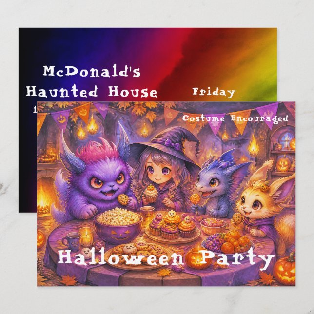 Convite Monstros à mesa da festa de Halloween (Frente/Verso)