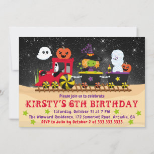 Convite Monstros de Halloween Fofos de Trem de Aniversário
