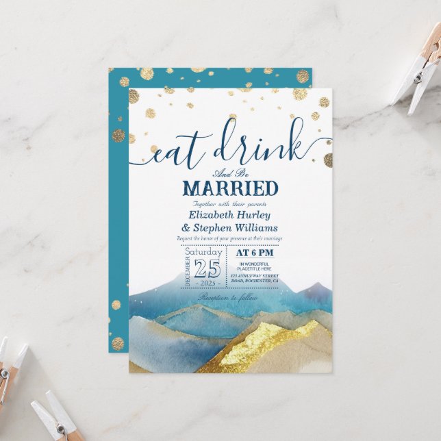Convite Montanhas Blue Gold COMA Beba & Case-se Casamento (Frente/Verso In Situ)