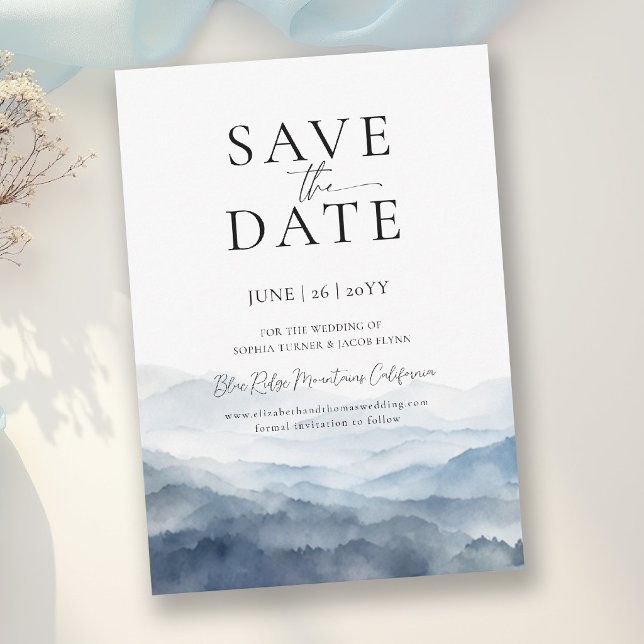 Convite Montanhas Blue Ridge Casamento Moderno Salvar a Da (mountain wedding save the date invite peak ridge landscape purple watercolor misty rustic romantic)