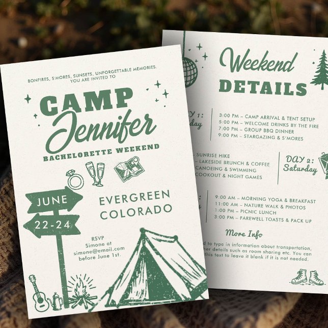 Convite Montanhas de acampamento Festa de solteira verde d (camp bachelorette invitation itinerary camping glamping hiking nature bach modern hand drawn)