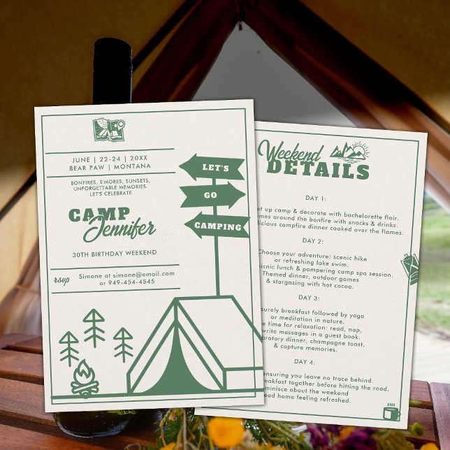 Convite Montanhas de Camping Forest aniversário de 30 anos (camping 30th birthday weekend itinerary modern minimalist camp mountains forest)