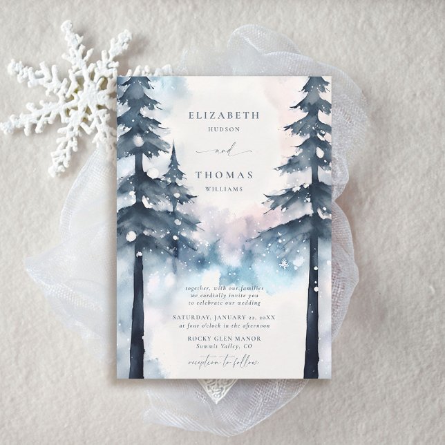 Convite Montanhas de Inverno Árvores de Pinheiro Elegante  (winter wedding invitations rustic elegant chic mountains smoky blue silver snow pine trees forest)
