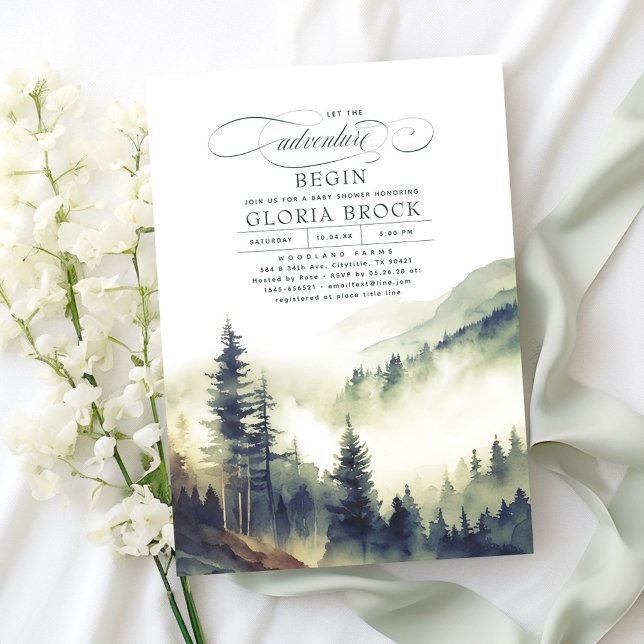 Convite Montanhas Deixam A Aventura Começar O Chá de frald (Fog Forest and Mountains Let The Adventure Begin Gender Neutral Baby Shower Invitations)