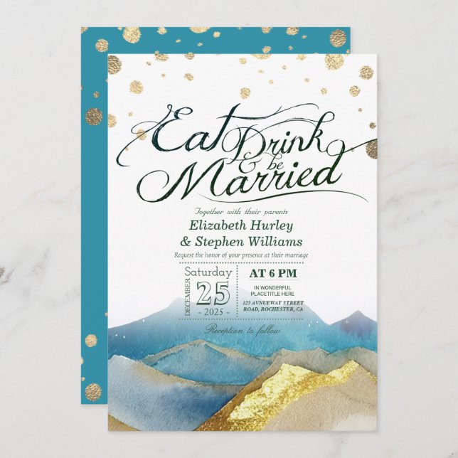 Convite Montanhas Douradas Azuis Comem Bebida E Casem-Se (Frente/Verso)