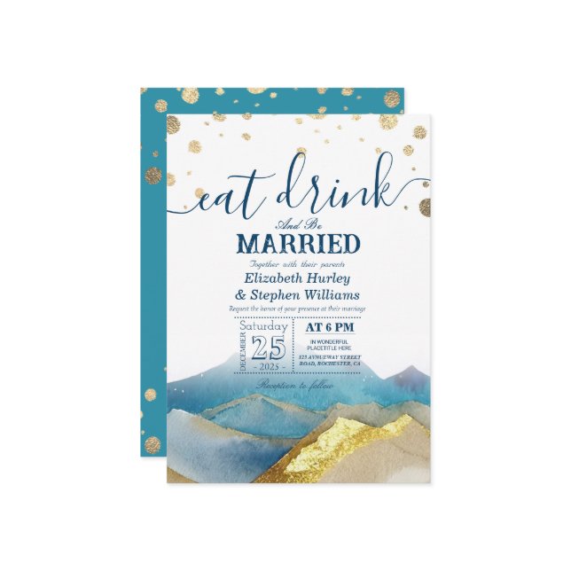 Convite Montanhas Douradas Azuis Comem Bebida E Casem-Se (Frente/Verso In Situ)