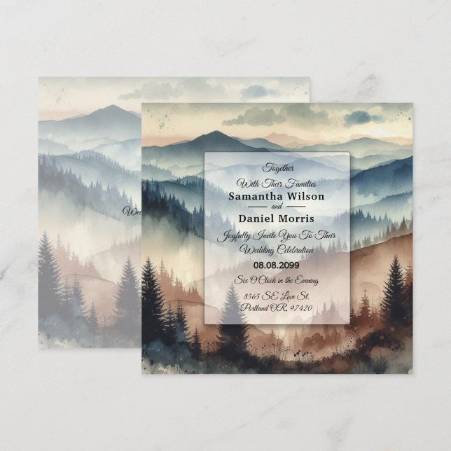 Convite Montanhas Dusty Blue e Mocha Brown Casamento (Frente/Verso)
