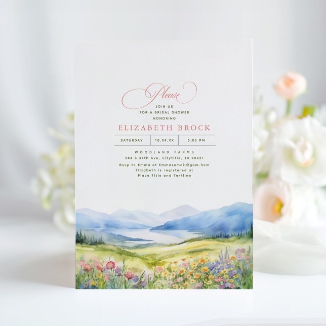 Convite Montanhas e Chá de panela Elegante de Flores Selva (Wildflowers and Mountains Horizons Bridal Shower Invitations)
