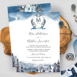 Convite Montanhas e Crista de Aquarela Azul Desbotado, Cas