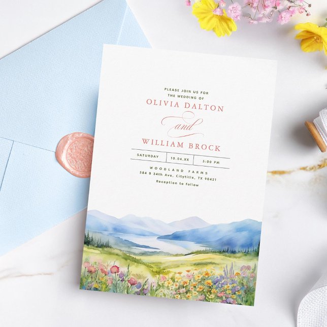 Convite Montanhas e flores selvagens Casamento paisagístic (Wildflowers Mountains Wedding Invitations)