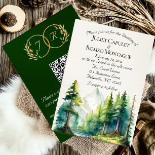 Convite Montanhas em Aquarela, Código QR & Monograma - Esm