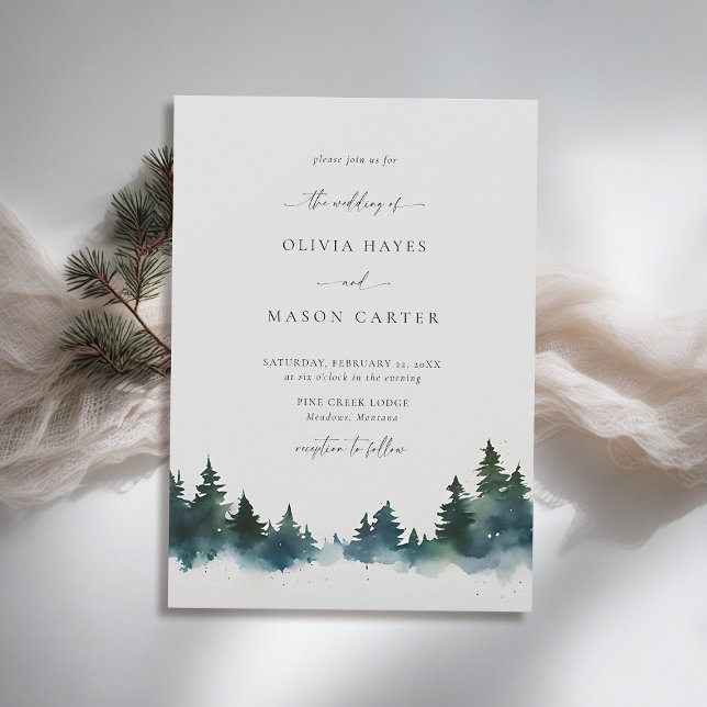 Convite Montanhas Floresta ao ar livre do Moderno Russo (mountains wedding invitation rustic outdoors forest pine scene watercolor elegant winter)