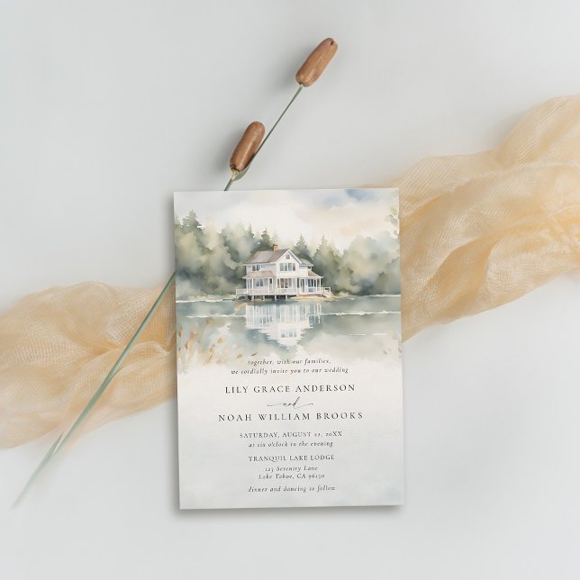 Convite Montanhas Lake House Ver Casamento Romântico (mountains lake house wedding invitation rustic outdoors river watercolor scene modern classy)