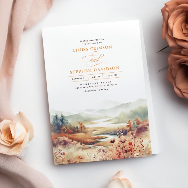 Convite Montanhas Nature Fall Landscape Weding (Fall Mountains Nature Wedding Invitations in Terracotta Hues)